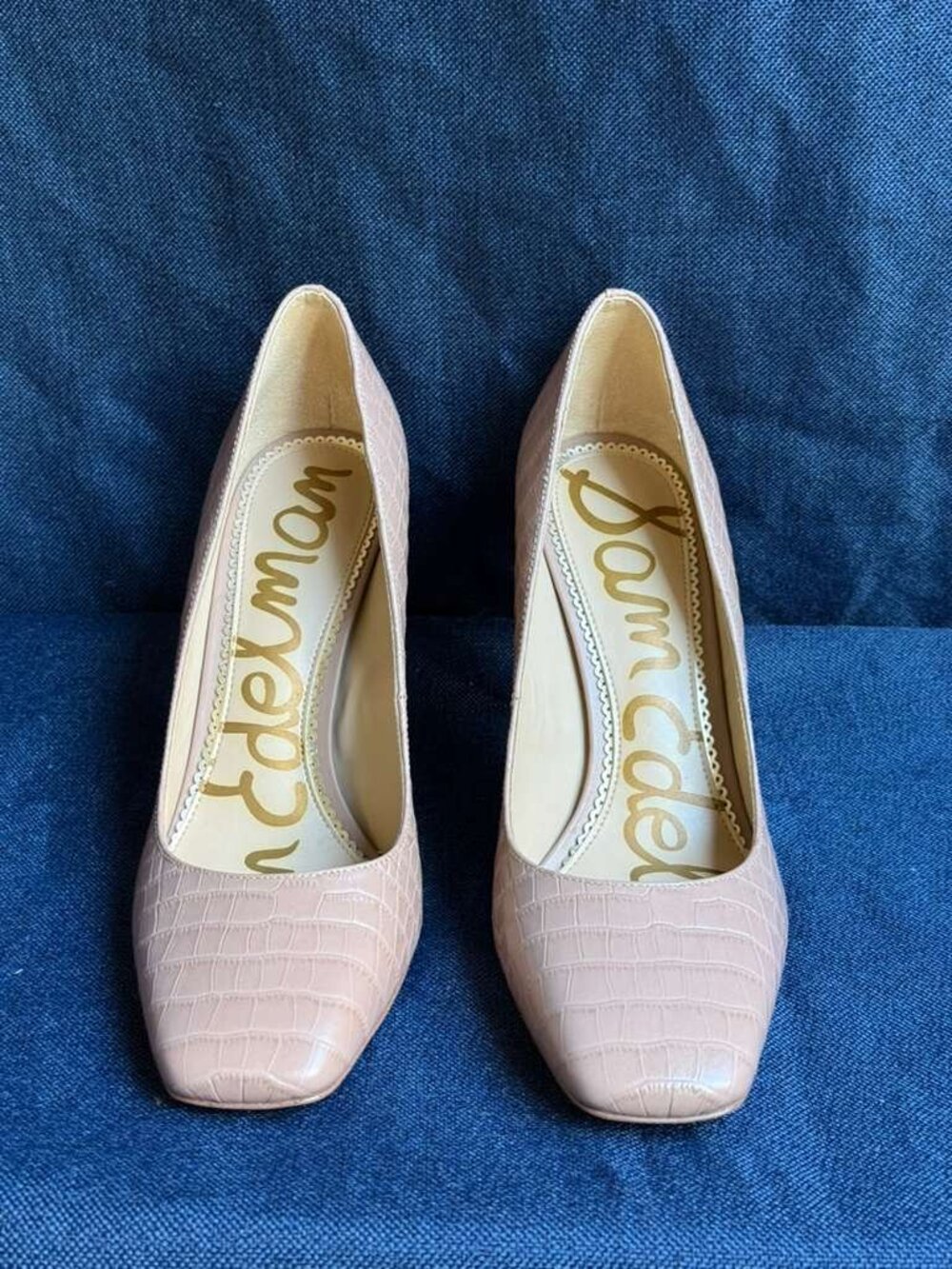 Size 9.5 - Sam Edelman Beth Nude Pink Croc Embossed Square Toe Pumps